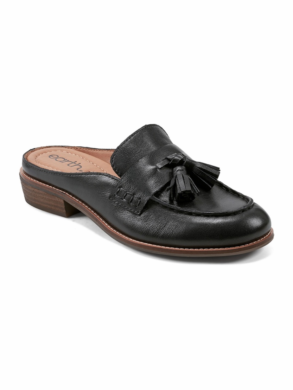 Earth Black Leather Tassel Mule